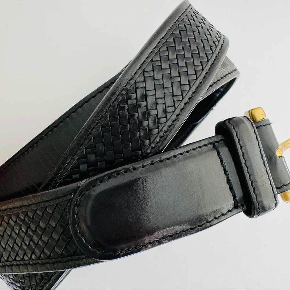 Cole Haan Men's Black Woven Leather Belt 36 Gold Brass Buckle Basketweave A08462